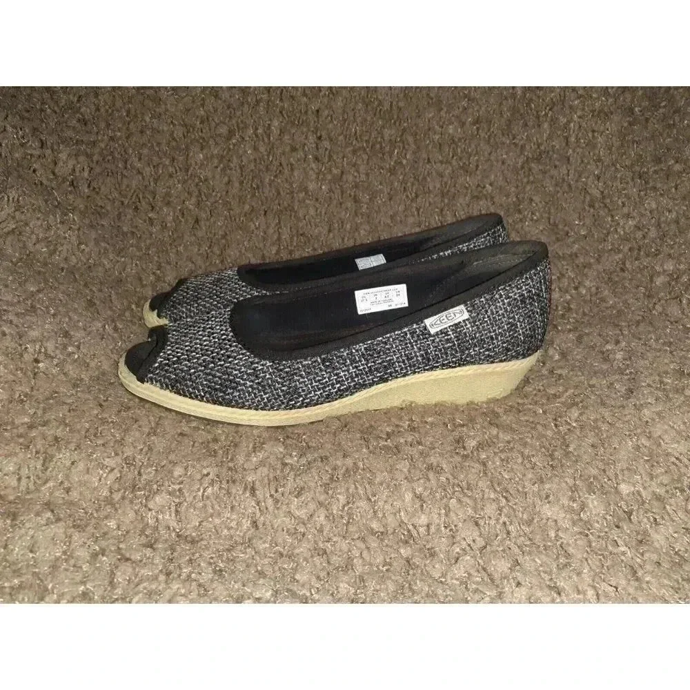 KEEN Cortana-Wedge Jute Shoes-Black/Gray Peep Toe-Sz 7-Near Mint